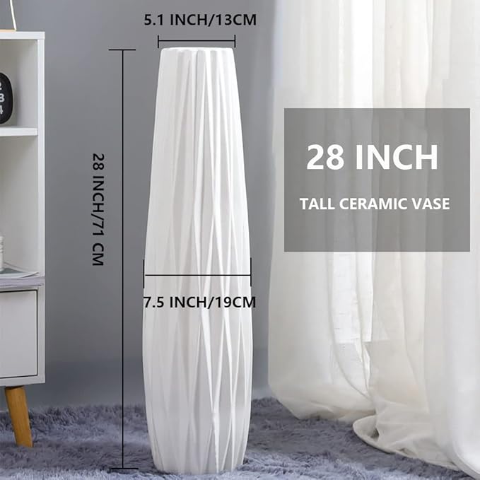 White Tall Floor Vase, 28" Ceramic Large Vase, Decorative Flower Vases for Modern Home Decor Living Room Office Bedroom Kitchen Wedding Centerpieces Farmhouse Décor