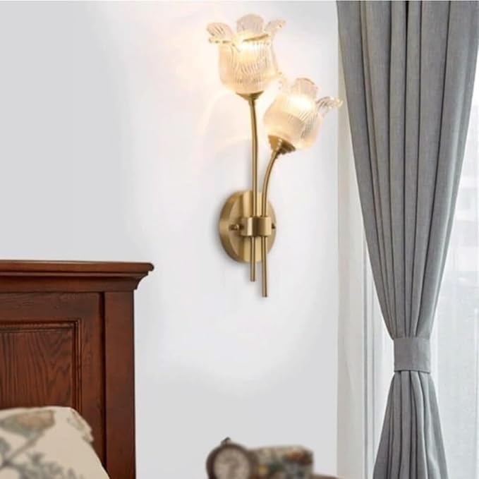 Elegant Double Head Wall Sconce, Vintage Brass Floral Design with Fluted Clear Glass Tulip Shades, Brushed Gold Accent Lamp for Living Room, Bedroom Bedside, Dining Room Decor