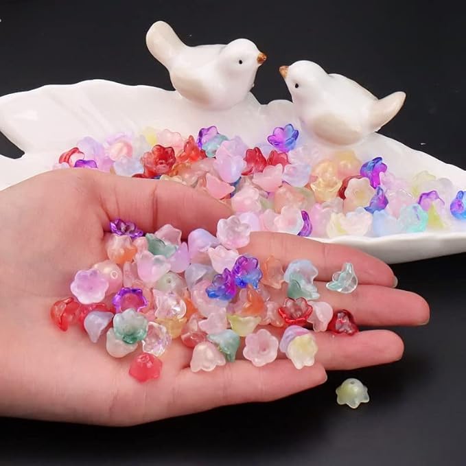 LadayPoa 100pcs Glass Bellflower Beads for Jewelry Making Mixed Color Trumpet Flower Beads Gradient Clear Cute Beads for Bracelets Making Aesthetic Beads Charms for DIY Necklace Decoration Gifts
