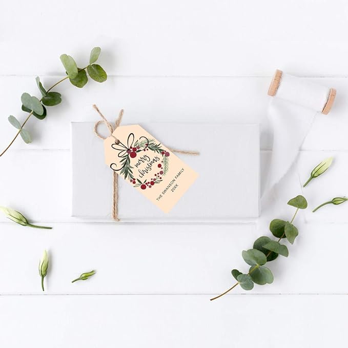 Andaz Press Personalized Christmas Holiday Season Classic Gift Tags, Merry Christmas Wreath Design, Custom Family Name and Year, for Holiday Events, Parties, and Favors, 60-Pack