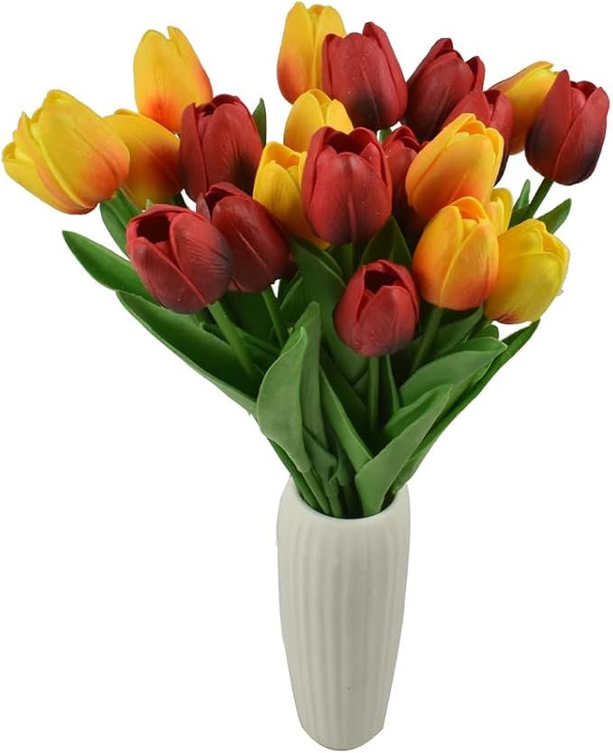 24pcs Artificial Tulips Flowers Fake Faux PU Tulip Bouquet Real Touch Flower Arrangement for Home Room Office Party Wedding Decoration Excellent Gift Idea for Mothers Day (Red and Orange)