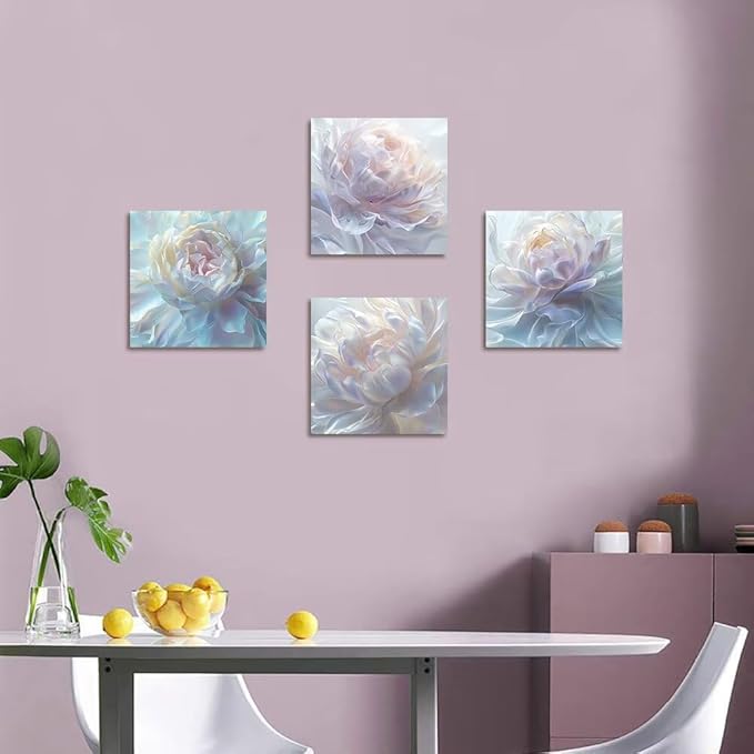 White Flower Canvas Wall Art Floral Pictures Prints Abstract Flower Wall Decor for Living Room Bedroom Bathroom Office Home Decorations Framed Artwork Ready to Hang (12''W x 12''H x 4)