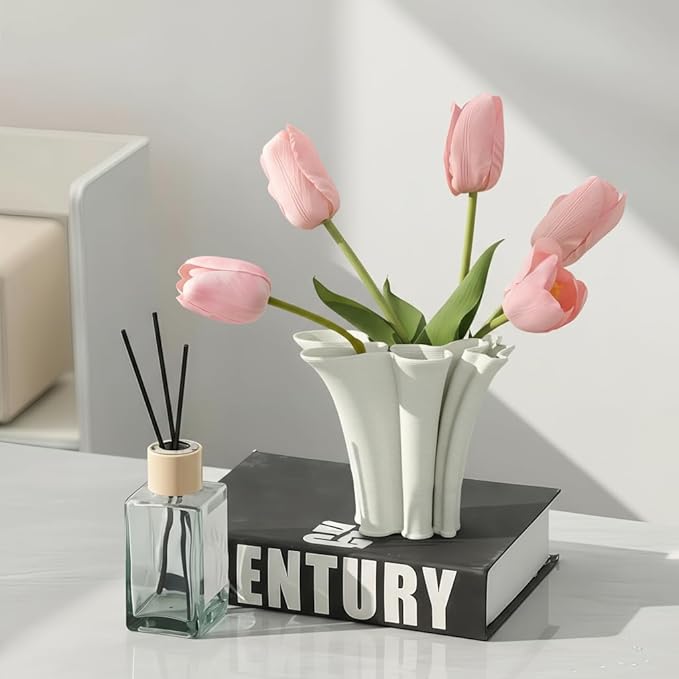 White Ceramic Vase for Home Decor, Boho Artistic Irregular Shape Decorative Vase, Unique Modern Accent for Living Room Bedroom or Entryway