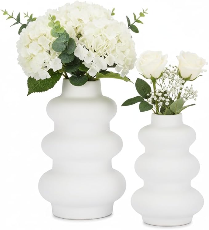 Ajuny Ceramic Vase Set of 2 – White Gourd-Shaped Vases for Centerpieces, Home Decor Living Room, Minimalist Room Decor, Modern Farmhouse Accent, Table Shelf Office Styling, Vases Home Decor Aesthetic.