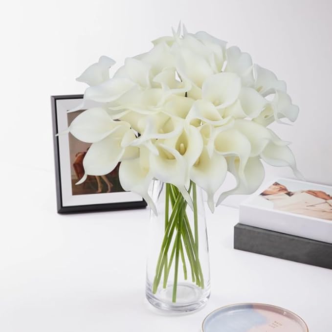 24 Pcs White Artificial Calla Lily Flower White Fake Silk Flowers Real Touch for Wedding Bouquet Office Home Kitchen Decor
