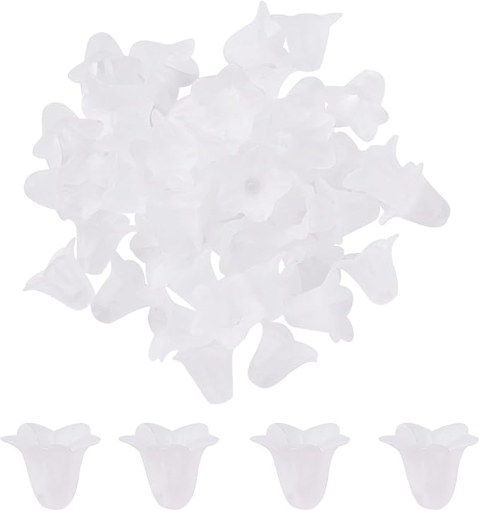 Crafans 50Pcs Acrylic Trumpet Flower Beads Caps Frosted White Flower Charms Bell Floral Pendants Floral Spacer Beads End Caps for Angel Wing Charms Jewelry Making Supplies