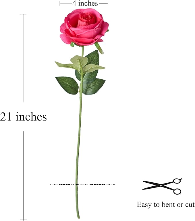Laelfe 12 PCS Artificial Flowers Hot Pink Roses Silk Flowers Fake Long Stem Artificial Fuchsia Roses for Home Wedding Bathroom Kitchen Decorations (Hot Pink)