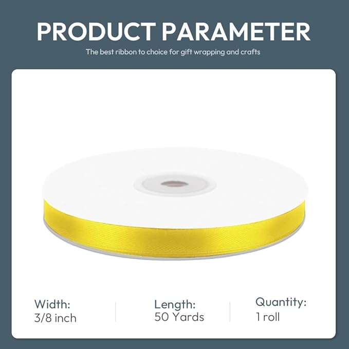 KMER LIFE 3/8" Wide x 50 Yards Yellow Single Faced Polyester Satin Ribbon, Yellow Satin Ribbon Perfect for Wedding Decor, Wreath, Crafts, Gift Wrapping & Other Projects (Yellow)