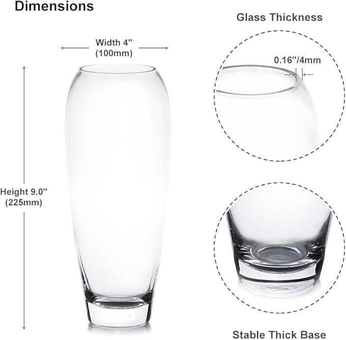 Enova Floral Oval Domed Glass Vase for Flowers, 4" W 9" H Clear Large Domed Bullet Cylinder Floral Vase for Home Decor, Wedding Centerpiece Event (1 Piece)