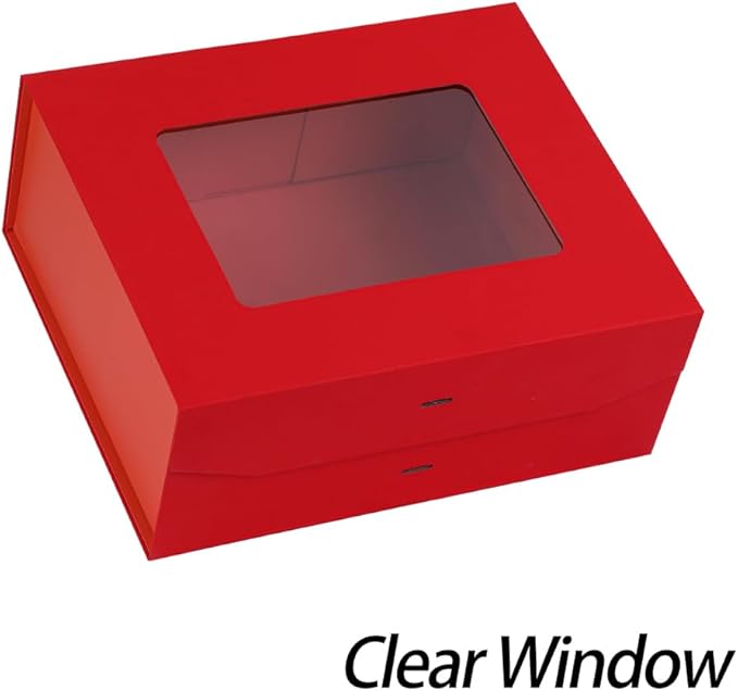 5 Pcs Red Gift Box for Presents with Ribbon 13.2x11x5.3 Inches Clear Gift Box with Window Magnetic Closure Gift Boxes with Lids