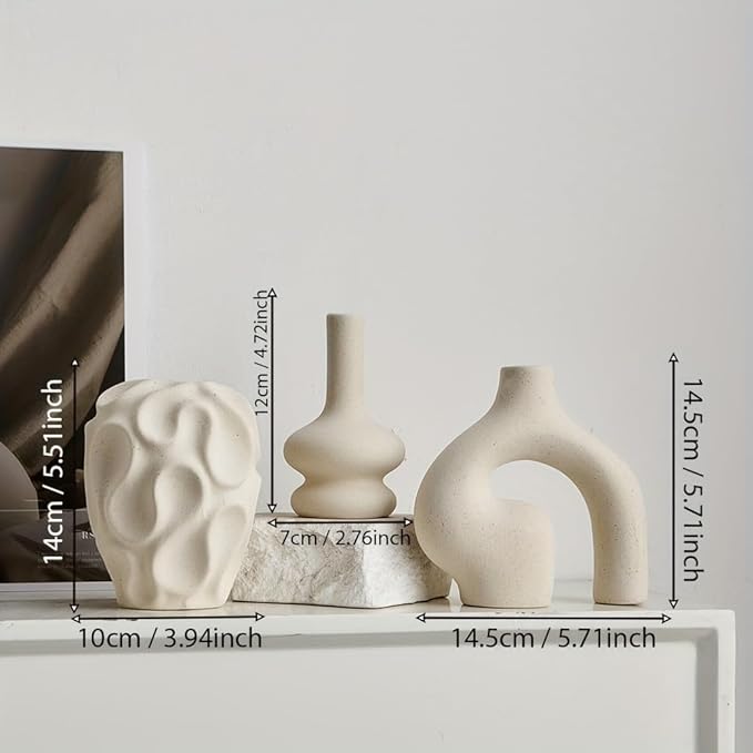 Boho Vase 3PCs | Modern Minimalist Donut Vase & Geometric Shapes | 3D Printed Imitates Ceramic Appearance | for Living Room Entryway Coffee Table Home Decor or Gift | Cream White