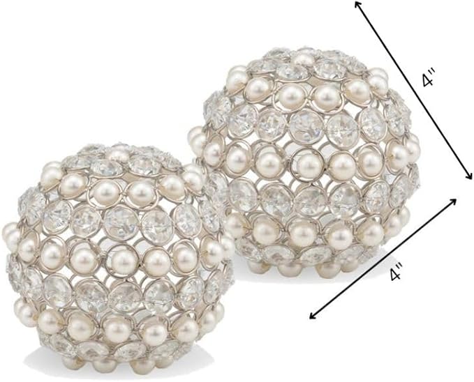 Modern Day Accents 3878 Facetas Perla 4" Silver Cristal & Pearl Spheres - Set of 2, Home Decor, Coffee Table Decor, Decorative Balls, Gem Sphere Ball, Modern Home Decor, Bowl fillers, Gemstone