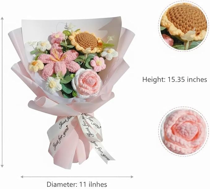 Crochet Flower Bouquet Handmade Knitted Sunflower Tulip Rose Daisy