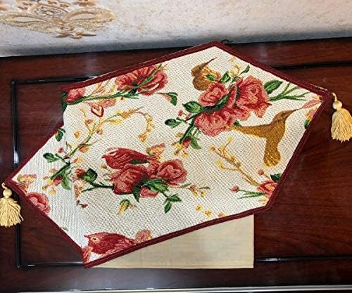 Tache Floral Red Roses Birds Ivory Woven Table Runner - Vintage Tapestry Kitchen Dining Dinner Linens Cloth - 13 x 54 inches