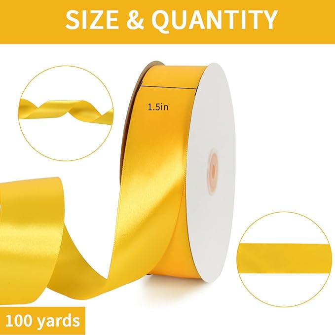 TONIFUL 1-1/2 Inch (40mm) x 100 Yards Yellow Wide Satin Ribbon Solid Fabric Ribbon for Gift Wrapping Chair Sash Valentine's Day Wedding Birthday Party Decoration Hair Floral Craft Sewing
