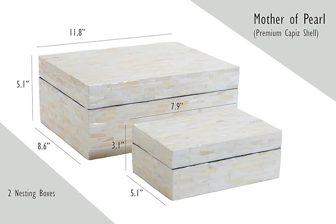 PEMAR Set of 2 Mother of Pearl Decorative Boxes w Lids, Handmade Mosaic Keepsake Jewelry Box Rectangular Treasure Chest, Shelf Decorative Wooden Box for Memory Tea Bags Coffee Accessories (White)