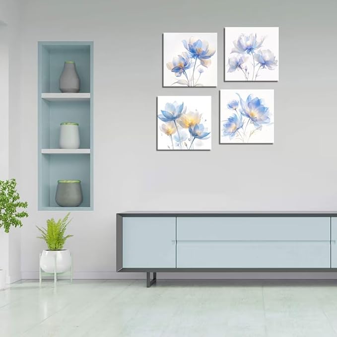 Pankila Blue Flickering Flower Abstract Canvas Wall Art Floral Poster Modern Flowers Pictures Wall Decor for Living Room Bedroom Bathroom Home Decorations Framed Artwork (24''W x 24''H x 4)