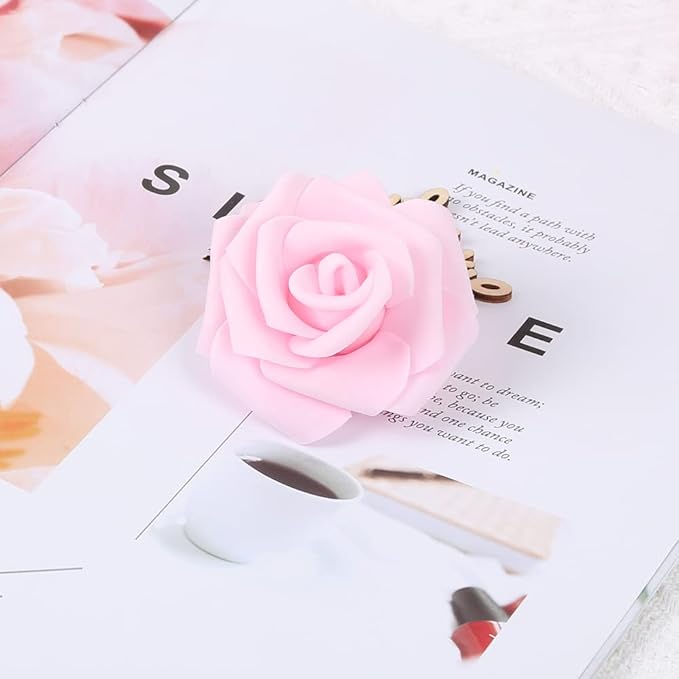 IPOPU Artificial Rose Flower Heads, 100pcs Real Looking Light Pink Foam Fake Roses for DIY Wedding Baby Shower Centerpieces Arrangements Party Tables Home Decorations (Light Pink, Stemless)
