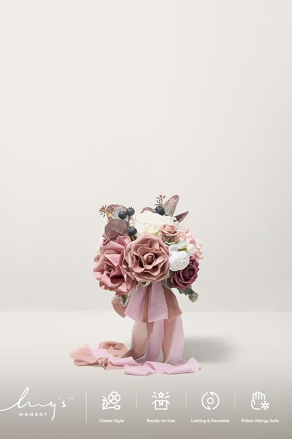 Ling's moment Artificial Flowers Pink Bridesmaid Bouquet Set of 4, Dusty Rose Wedding Flowers Bouquets for Bridesmaids, 7 Inch Bridal Bouquets for Bridesmaids, Wedding Decor, Ceremony, etc