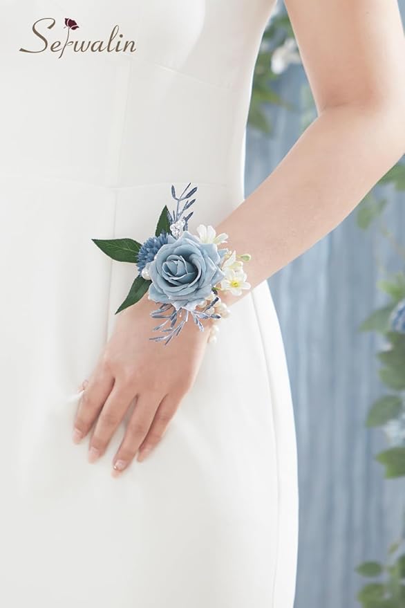 Serwalin Corsage and Boutonniere Set, Boutonniere and Wrist Corsage Wristlet Prom Homecoming Wedding Flowers Accessories Prom Suit Decorations (Blue & Dusty Blue)
