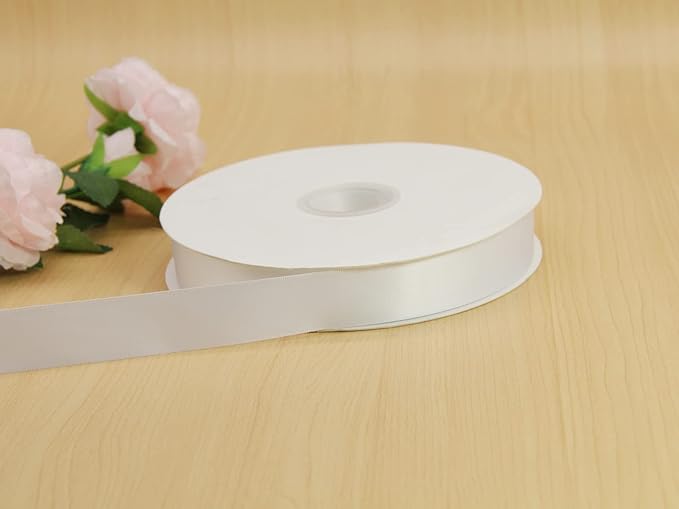 White Double Faced Satin Ribbon 1 inch Flower Boutique Gift Wrapping Ribbon 25mm 100yards Continuous Fabric Silk Bow Ribbon- DIY Crafts Hair Headband-Sewing-Wedding Decorations