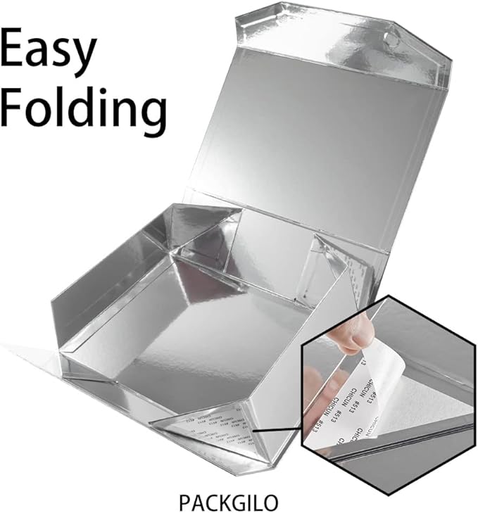 5 Silver Large Gift Boxes with Lid 13x9x4 Inches, Bridesmaid Proposal Boxes, Hard Collapsible Gift Box with Magnetic Closure, Groomsman Box Reusable Gift Boxes for Clothes (Glossy Silver)