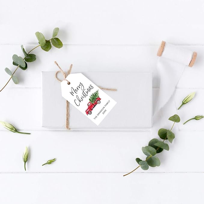 Andaz Press Personalized Christmas Holiday Season Classic Gift Tags, Merry Christmas Custom Family Name and Year, Vintage Truck with Christmas Tree Design, Holiday Events, Parties, Favors, 60-Pack