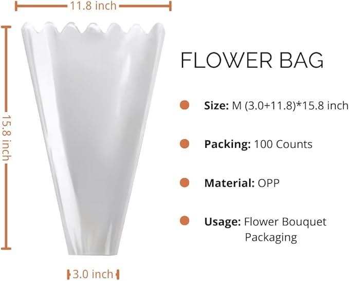 BBJ WRAPS Clear Flower Bags For Bouquets Waterproof And Durable Bouquet Sleeves For Florists, Flower Cellophane Bags For Florist Arrangements Supplies, 12x3x16 Inch, 100 Counts（M