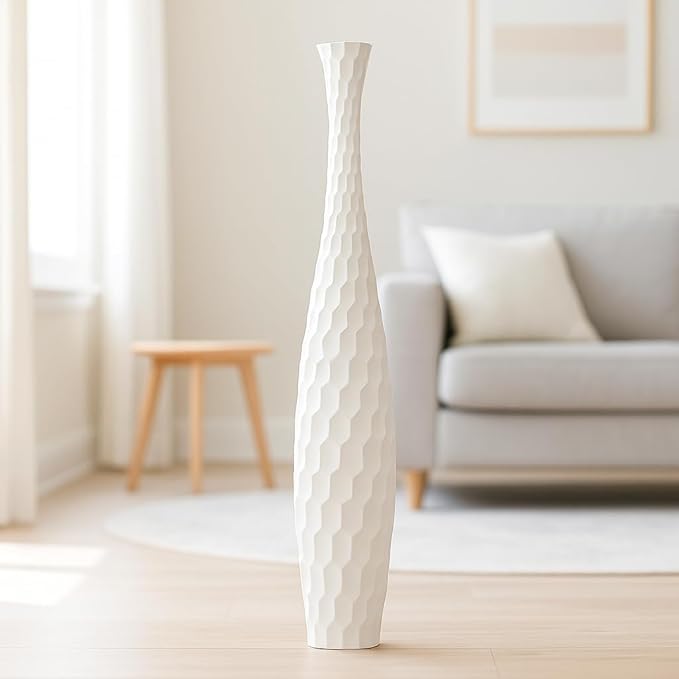 Leewadee Large White Home Decor Floor Vase - Wooden 34 inch Tall Farmhouse Decor Flower Holder for Fake Plant and Pampas Grass