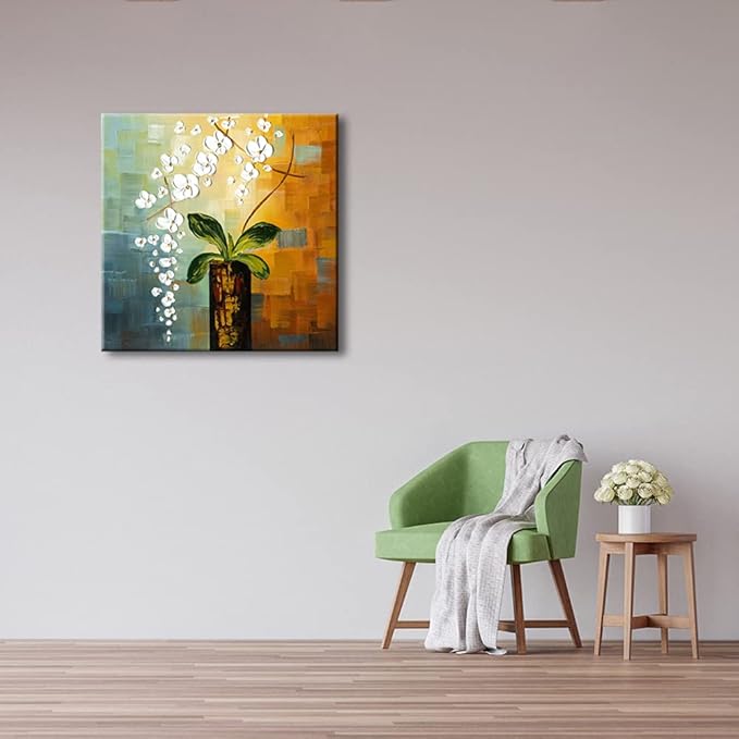 Wieco Art Beauty of Life Floral Oil Paintings on Canvas Wall Art Large Modern 100% Hand Painted Abstract White Flowers Stretched and Framed Artwork for Living Room Bedroom Home Decorations 32x32