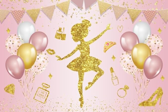 Renaiss 7x5ft Ballerina Princess Backdrop Pink Gold Shiny Elegant Fairy Ballet Dancer Photography Background for Girl Baby Shower Birthday Party Decor Banner Photo Studio Props