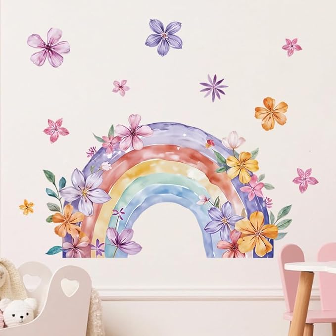 Rainbow Wall Decals & Flower Wall Decals – 2 Sheets Large Wall Stickers for Living Room, Bedroom, Nursery, Kids Playroom – Easy Peel & Stick, Waterproof, Removable Rainbow Christmas Decor