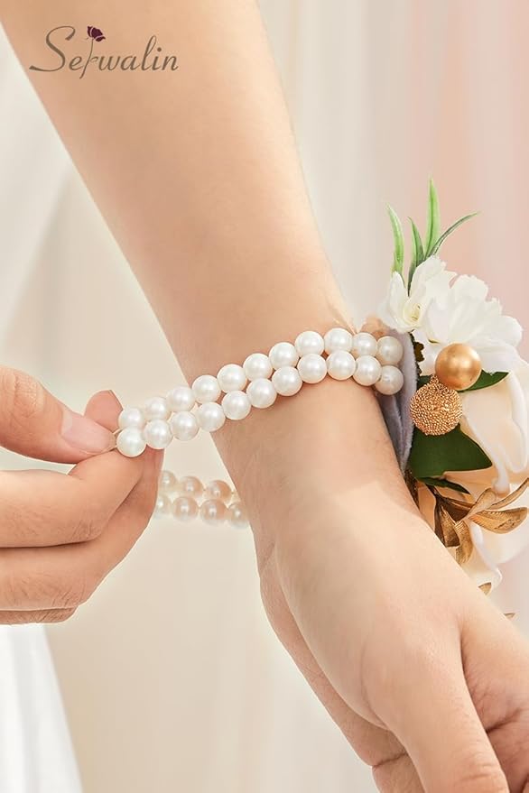 Serwalin 2 Pcs Champagne Wrist Corsage for Wedding, Corsages Wristlet for Bridesmaid Mother Grandmother, Artificial Flowers for Prom Ceremony Anniversary