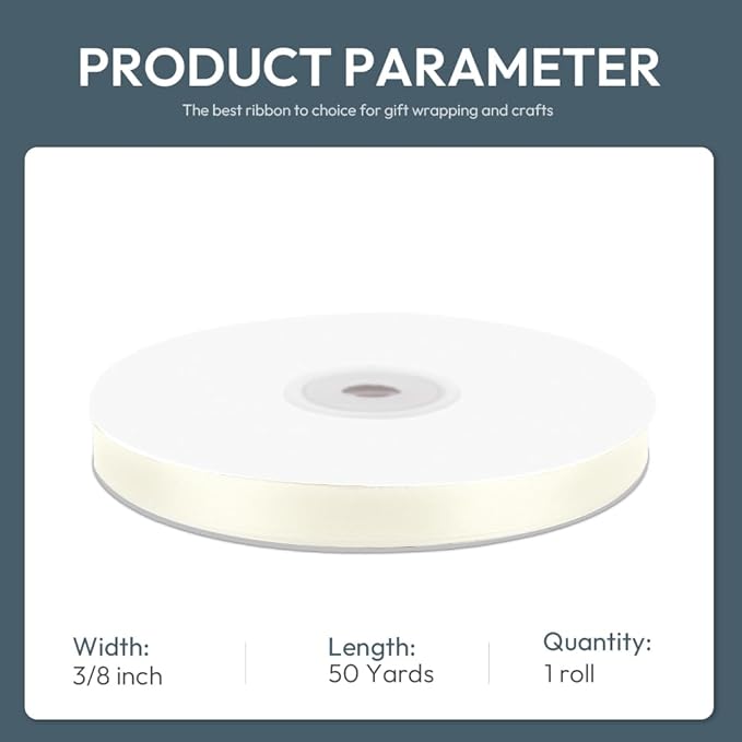 KMER LIFE 3/8/ Wide x 50 Yards Ivory Single Faced Polyester Satin Ribbon, Ivory Satin Ribbon Perfect for Wedding Decor, Wreath, Crafts, Gift Wrapping & Other Projects (Ivory)