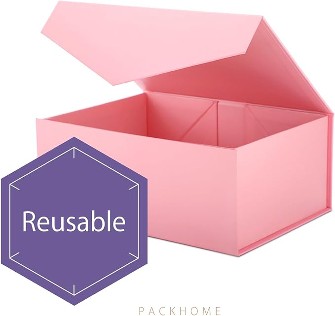 PACKHOME Gift Box 9x6.5x3.8 Inches, Rectangle Collapsible Box with Magnetic Lid for Gift Packaging (Matte Pink, Grain Texture)