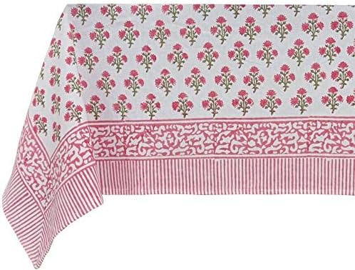 ATOSII Gulbahar White Pink 100% Cotton Fall Rectangle Tablecloth, Hand Block Print Washable Table Cover, Christmas Parties Buffet Dining, Weddings, Thanksgiving, Halloween, 60 X 108 Inches 8 Seater
