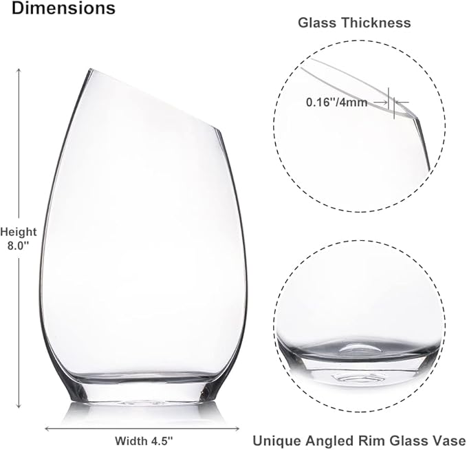 Enova Floral Unique Angled Rim Clear Glass Vase 4.5" W 8.0" H, Decorative Flower Vase for Home Decor Indoor, Wedding Centerpiece Event (1 Piece)