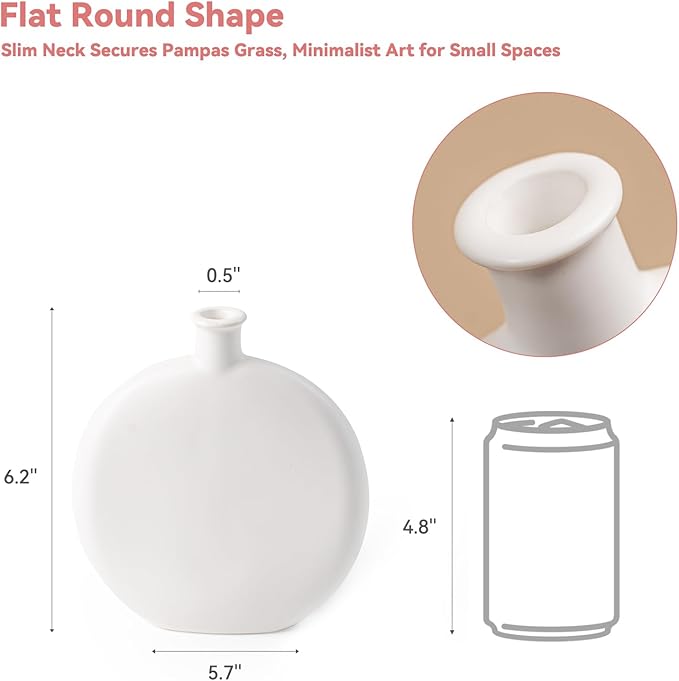 White Ceramic Flat Vase - 6.2" Unique Flower Vase for Pampas Grass & Centerpieces, Decorative Boho/Farmhouse Vase for Living Room, Office Desk & Housewarming Gift (for Her/Yourself)