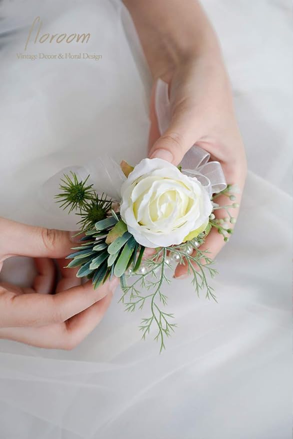 Floroom Ivory Rose Wrist Corsage Wristlet Band Bracelet for Women Bride Bridesmaid White Wedding Prom Set of 2