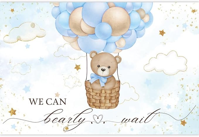 ChloropLastid We Can Bearly Wait Baby Backdrop Boy Bear Hot Air Balloon Baby Shower Photography Background Blue Balloons Clouds Stars Baby Party Cake Photo Decoration 12x8ft