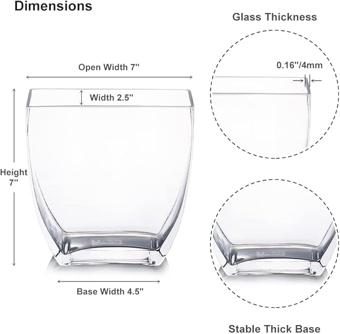Enova Floral Clear Rectangle Glass Vases, 7x7x2.5 Inch Block Glass Vase for Flowers, Square Glass Vase for Wedding Centerpieces, Home Décor (1 Piece)