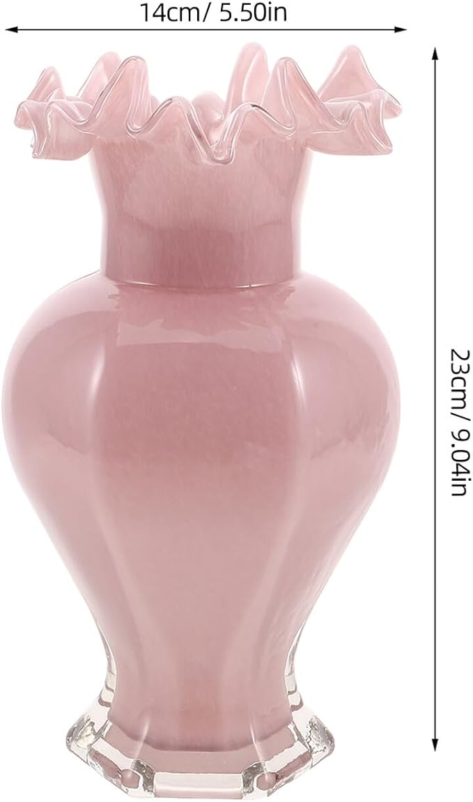Pearlescent Handblown Glass Vase Wide Mouth Wavy Pattern Artistic Flower Pot Tabletop Glass Bud Vase for Home Dining Living Office Entryway Kitchen Pink Centerpiece Decor