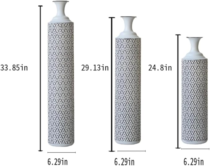 Floor Oversized Gold Metal Decorative Vase with 3D Triangle Pattern Set of 3 Large Vases for Home Living Room 33.5 ", 29.5 ", 25.2" High (White+Black)