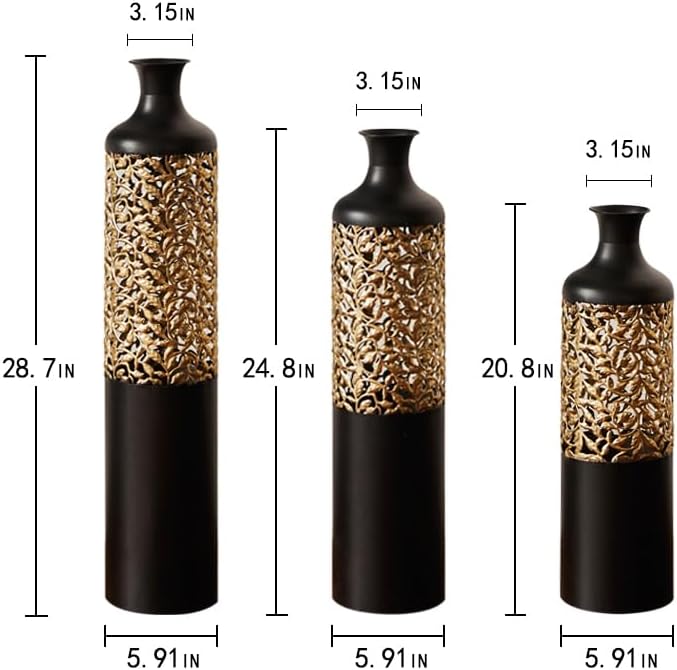 Floor Vases, Tall Home Decor Metal Vase Set of 3 Large Glazed Decorative Vases for Wedding Decor, Elegant Modern Flower Holder for Living Room, Entryway, Hallway, Dining Room