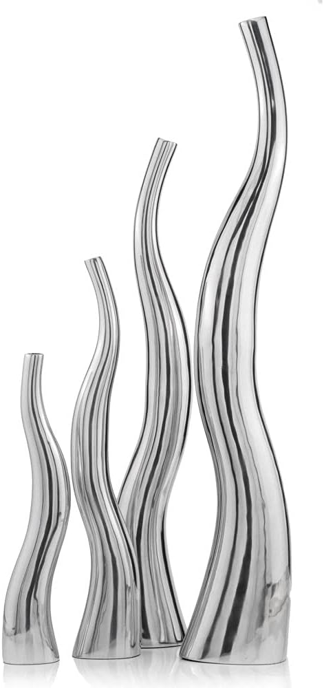 Modern Day Accents 6586 Curva Tall Wiggly Vases Set of 2, Silver, Aluminum, Contemporary, Modern, Popular, Glam, Floor Standing, Large 6" L, 3.5" W, 32" H, Small Vase: 5”L x 3.5”W x 24" H House Decor