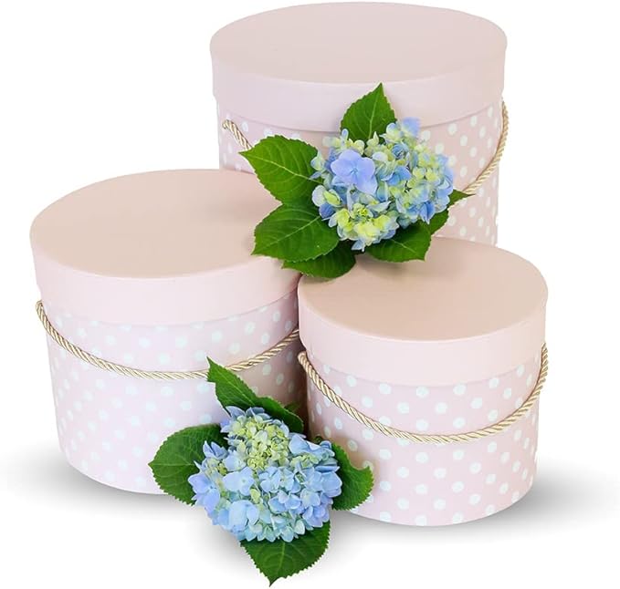 UNIKPACKAGING Premium Quality Round Flower Box, Gift Boxes for Luxury Flower and Gift Arrangements, Set of 3 pcs with Lids Size (S/M/L), Pink White Dots