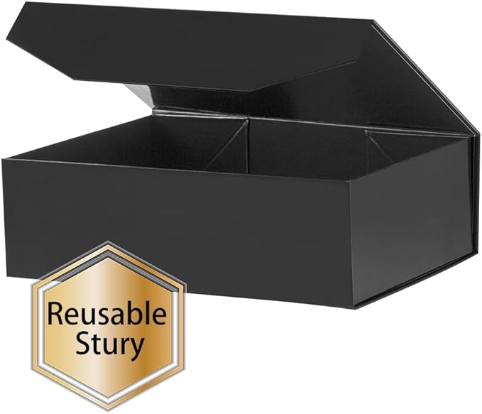 2 Black Large Collapsible Gift Box with Lid 13x9x4 Inches, Bridesmaid Proposal Box, Hard Box with Magnetic Closure, Groomsman Box Reusable Gift Box for Clothes (Glossy Black)