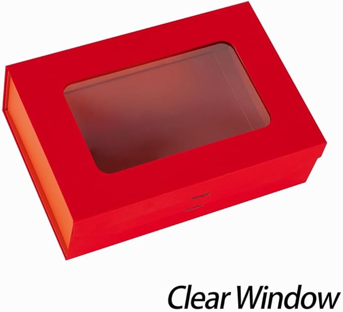 Red Gift Box for Presents with Ribbon 10.8x7.5x3.5 Inches Clear Gift Box with Window Magnetic Closure Gift Boxes with Lids