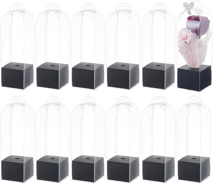 BENECREAT 12Pcs Single Rose Flower Box Empty Bag, Clear Flower Packing Boxes Flower Gift Boxes for Graduation Wedding Birthday Floral Gift Floral Arrangement Supply, Black