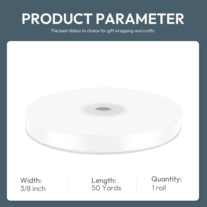 KMER LIFE 3/8" Wide x 50 Yards White Single Faced Polyester Satin Ribbon - Perfect for Wedding Decor, Wreaths, Crafts, Gift Wrapping & Other Projects